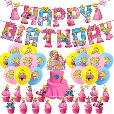 여아 생일 파티 가랜드 배너 토퍼 풍선 케이크 장식 홈파티 세트 바비 인형 슈퍼마리오 피치공주 디즈니공주 라푼젤 테마, 슈퍼마리오 피치공중, 1개