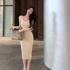 가을 겨울 롱 하객 원피스 여신 데이트 긴팔 스타일 섹시한 미디 니트 스커트 슬림 드레스