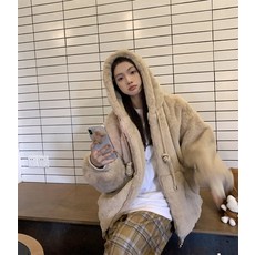 겨울 양털 모피 후드집업 오버사이즈 겉옷 두꺼운점퍼