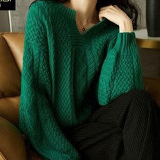 menghai가을 겨울 에메랄드 화이트 니트 프렌치 루즈 나른한 V넥 꽈배기 스웨터 상의asd2+5aq, L, 초록색