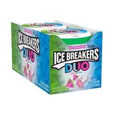 ICE BREAKERS DUO 워터멜론 앤 쿨링 크리스탈 수박맛 무설탕 민트 8팩, 수박, 1.3온스(8개들이 팩)