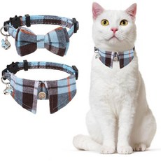 벨이 달린 고양이 목걸이 분리 가능한 보타이 목걸이가 남자 여자 고양이용 벨과 펜던트 조절 귀여운 격자무늬 블루 베이지 강아지 목걸이 2팩 1266225, Blue(Pack of 2), 1개