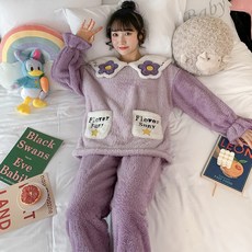 위파인더 파자마 여가을겨울 산호털이 두껍고 사랑스러운 자주꽃 세트 플란넬로 봄나들이 가능