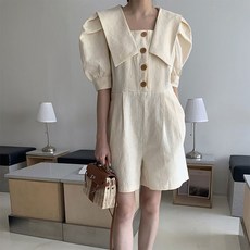 소프트이슈 / 여름 빅카라 린넨 스퀘어넥 숏 점프수트