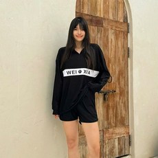 루즈핏 반집업 블랙 래쉬가드 세트 여성용 M~2XL 남성용 L~2XL, 여자 블랙 L(55~66)