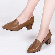하이힐 미들 굽 단화 부드러운 가죽 얕은 말 뾰족한 끝 굽이 굵다