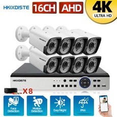 Real 4K AHD 안면기록 재생 AHD DVR CCTV 키트 8MP 주야 AHD 8 카메라 모니터링 시스템 매트릭스 소니 6pcs 적외선 어레이, 없다, 유럽 연합 플러그, 16채널 dvr 캠 8개, 1개