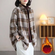FANSYLI 여성 봄 가을 면 셔츠 고급 체크 셔츠 기모 도톰 셔츠 루즈핏 추동 재킷