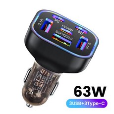 Crouch USB C 타입 차량용 충전기 고속 충전 PD QC 3.0 63W 흐르는 빛 USB C 자동차 담배 라이터 휴대폰 충전기 6 포트, 1) 보편