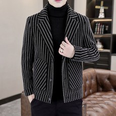 풀리브스 남성 줄무늬 가을 겨울 슬림핏 긴팔 정장 칼라 긴팔 모직 코트
