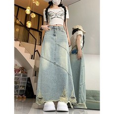 데님 스커트 롱스커트 빅사이즈 청치마 데님치마 연청 빈티지 여성치마 QOYO