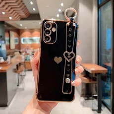  갤럭시 S24 하트 스트랩 예쁜 핸드폰 케이스 S23 S22 울트라 플러스 예쁘고 심쿵한 연인 휴대폰 커버 여자 친구 선물, 블랙 