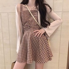 체크 뷔스티에 끈원피스 가디건 세트