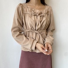 업쓰 여성 가을 겨울 간절기 세무 스웨이드 스퀘어넥 프릴 셔링 하객 정장 리본 블라우스