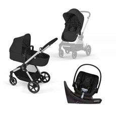 Cybex EOS 5-in-1 여행 시스템 유모차 + 경량 Aton G 회전형 유아용 카시트 문 블랙 실버 프레임, 문 블랙/실버 프레임