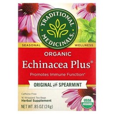 TRADITIONALMEDICINALS 오가닉 Echinacea Plus 스피어민트 카페인 무함유 오리지널 포장 티백 16개입 24G 0.85OZ), 기본