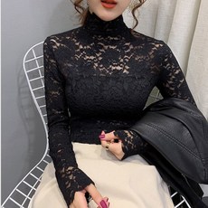 빅사이즈 레이스 시스루 레이어드 목폴라 블라우스 티셔츠