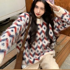 안나리야 모헤어 배색 패턴 루즈핏 털 퍼 다이아 니트 SY