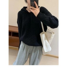 여성 데일리 캐주얼 스웨터 꽈배기 후드니트