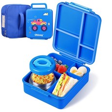 Okinoy Bento 아동용 런치 박스 226.8g(8온스) 수프 보온 누출 방지 도시락 수납 용기 4칸 상자 보온 식품 병 BPA 프리 여행 학교, 블루 (몬스터 카), 1개