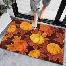 Fall Welcome Mat 추수감사절 호박 실내 도어 매트 가을 단풍나무 잎 바닥 도어 매트 오렌지 수채화 미끄럼 방지 입구 러그 농장 잎 심리스 수분 흡수 욕실 러그 침실용, 18x30in, 1개