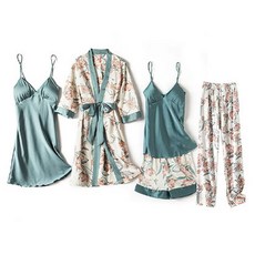 릴리앤로사 4PCS 실크 슬립 끈 나이트 가운 파자마 세트 여성 잠옷 여름 파자마