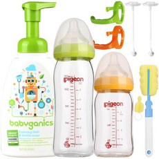 베 인 (pigeon) 유리 젖병 신생아 갓난아기 첫 아 기 를 낳 아 광 클 린 징 젖병 세트 젖병 세트 + 건 크 니 크 세척 제 + 손잡이 + 젖병 빨대, 상세페이지 참조