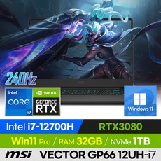 MSI VECTOR GP66 12UH-i7 인텔12세대 i7-12700H RTX3080 15.6인치 240Hz (32GB 변경), Free DOS, 2TB