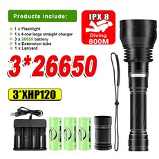 수중 랜턴 IPX8 다이빙 손전등 스쿠버 토치 고출력 방수 램프 3 XHP120 3 26650, -26650 battery, 1개