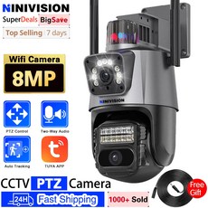 CCTV 카메라 스크린 자동 IP66 비전 8MP 투야 4K 방수 렌즈 듀얼 보안 와이파이 추적 컬러 감시 나이트 야외, 8MP Free Gift 64G, 미국 플러그, 1개
