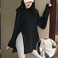 티 셔츠단추긴팔 티무늬없음루즈루즈핏여자옆라인롱티 옵션선택 블랙 화이트 + 65441걱젠