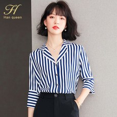 페미닌블라우스 H 여왕 스트라이프 셔츠 여성 빈티지 작업 캐주얼 시폰 우아한 느슨한 비즈니스 2022 4602332646, 1개, XXL