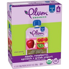 Plum Organics 2단계 유기농 이유식 - 사과 라즈베리 시금치 그리스 요거트 - 99.2g3.5온스 파우치 4팩 - 유기농 과일 및 채소 이유식 파우치, 없음, 99g, 4개