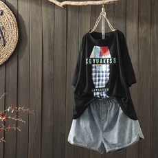 Nov.28 70번 심플 자수 와펜 반팔 티 여 루즈핏 캐주얼 라운드 풀오버에의복Z