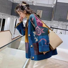 여성 여자 가을 겨울 캐시미어 니트 알파카 오버핏 루즈핏 부클 배색 라운드 카디건 가디건