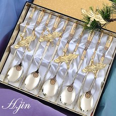 [도도예] H.jin 쌍학 진공 티타늄 금수저 5인 5벌 가족 홈세트 (보자기 선물 포장) 결혼 예단 금수저 상견례 인사 답례품 추천, 금수저 5p + 받침 5p + 주머니 5p + 케이스