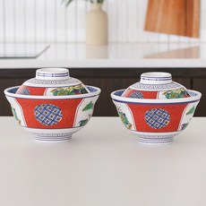뚜껑있는 일본식 돈부리 텐동 멜라민 그릇 2세트, 레드 소+레드 소