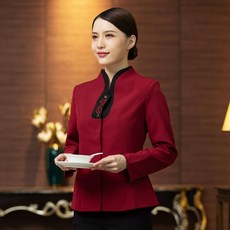 베이징 수놓다 긴 소매 겨울 가을 옷 샤브샤브 중국식 음식점 티 다락 패스트푸드포장 호텔 제, XXXL 여성 레드 단 상의