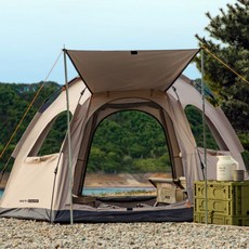 로티캠프 육각 자동 대형 방수 감성 캠핑 그늘막 돔 원터치 텐트 4윈도우, 탄