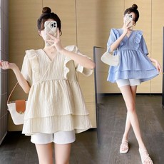 엔티랄라 여자 상의 빅 사이즈 스타일리시한 프릴 디자인 서양풍의 반팔 브이넥 인형 셔츠 셔링 디자인
