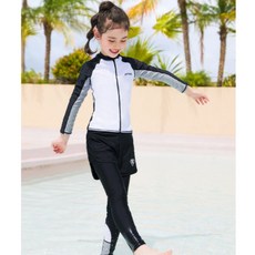 몽키카카 남아 여아 주니어 초등학생 수영복 상하세트 집업 래쉬가드 3종세트 (상의 + 레킹스 + 반바지 ) 블랙