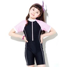 디벨라 여아 주니어 체크 포인트 반집업 레쉬가드 수영복 세트