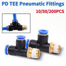 3 방향 PD 공압 커넥터 T자형 티 에어 4mm 6mm 8mm 10mm 12mm 호스 튜브 1/4 1/8 3/8 1/2 BSPT 수나사, 10개