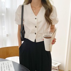 온더리버 107557 소르스 티치 퍼프 크롭 블라우스 여성 스티치 라인 버튼 포인트