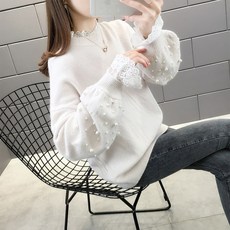 레이스 구슬장식 스윗 풀오버 후드 여성 겨울 가을 와이드 루즈핏 두꺼운 트렌드