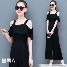 MOLY 여성 오픈숄더 땡땡이 와이드 점프수트 J1001