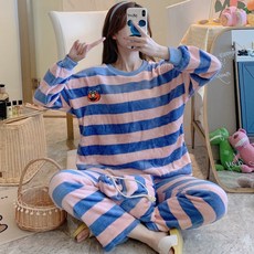 복숭이 스트라이프 겨울 여성 빅사이즈 극세사 투피스 수면잠옷 파자마 홈웨어