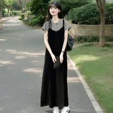 zazx 여성 투피스 반팔 티+원피스 여성 원피스 세트 여름 얇은 원단 빈티지 나시 원피스 스타일리시한 감미로운 편안한 심플 통근의 부드러운