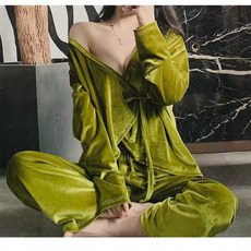 ANYOU 여성 가을 겨울 잠옷 골드 벨벳 섹시 긴팔 홈웨어 투피스