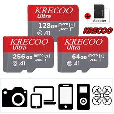 KRECOO® 256GB 메모리 카드 Micro Sd Ultra Class 10 대부분의 장치에 적합(Microsdxc to Sd 어댑터 포함), 256